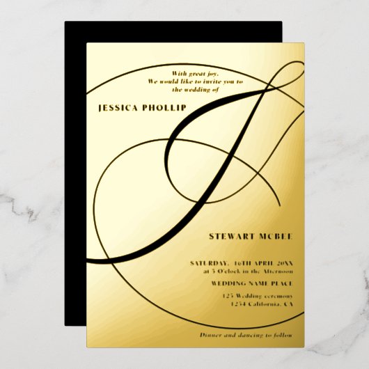 Manuscript ampersand black calligraphy bruiloft folie uitnodiging (Voorkant / Achterkant)