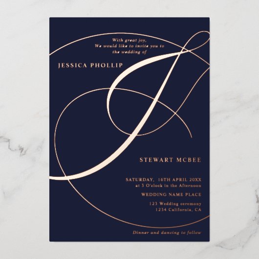 Manuscript ampersand calligraphy roos gold folie uitnodiging (Voorkant)