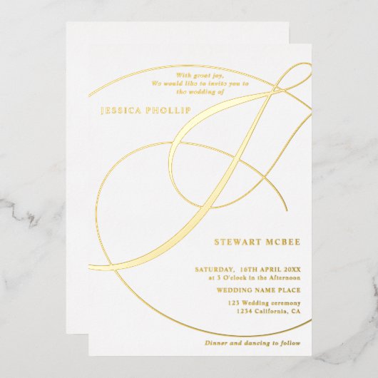 Manuscript ampersand white calligraphy bruiloft folie uitnodiging (Voorkant / Achterkant)