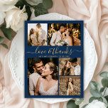 Manuscript bij Liefde en Bedankt Navy Foto Collage<br><div class="desc">Elegant Script Gold en Navy Wedding Photo Collage Hartelijk dank. Moderne, minimale bruiloft bedankt je sjabloon met vijf (5) foto op de voorkant en één (1) foto op de achterkant. Met de tekst "Liefde en bedankt" in een prachtige handlettertypefunctionaliteit in goud op een blauw marineschopachtergrond. Pas jouw naam, foto's aan...</div>