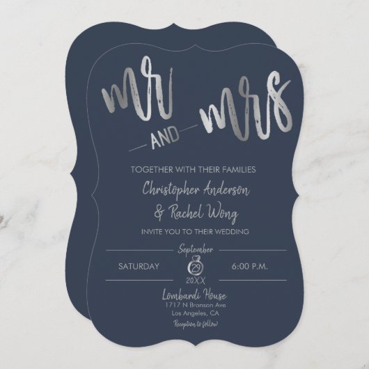 Manuscript bij Navy Minimalist Silver Foil, Mrs We Kaart (Voorkant / Achterkant)