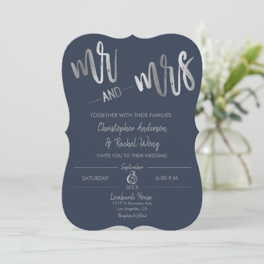 Manuscript bij Navy Minimalist Silver Foil, Mrs We Kaart (Staand voorkant)