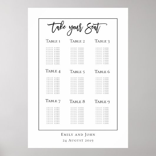 Manuscript Black Typografie/border Seating Plan Poster (Voorkant)
