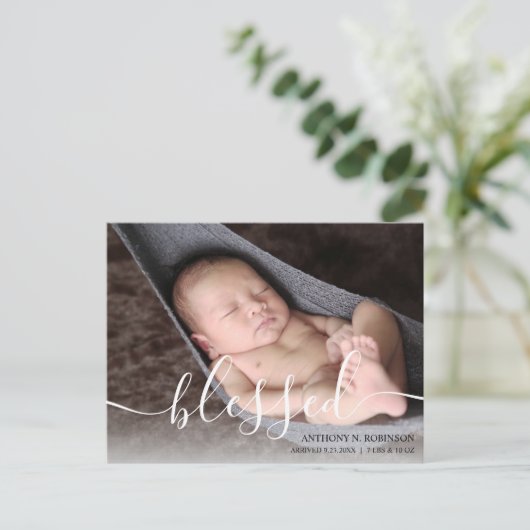 Manuscript Blessed Baby Foto Geboorteaankondiging Briefkaart (Staand voorkant)
