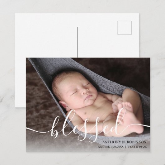 Manuscript Blessed Baby Foto Geboorteaankondiging Briefkaart (Voorkant / Achterkant)