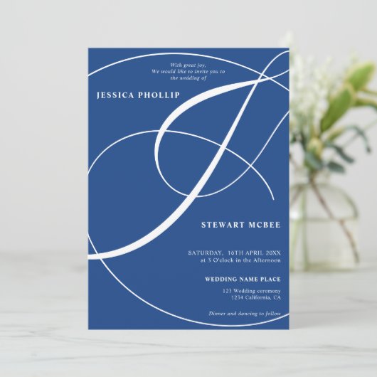 Manuscript blue fotokalligrafie bruiloft kaart (Staand voorkant)