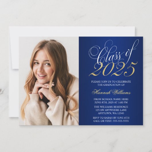 Manuscript Blue Gold Photo Afstuderen kondiging Kaart (Voorkant)