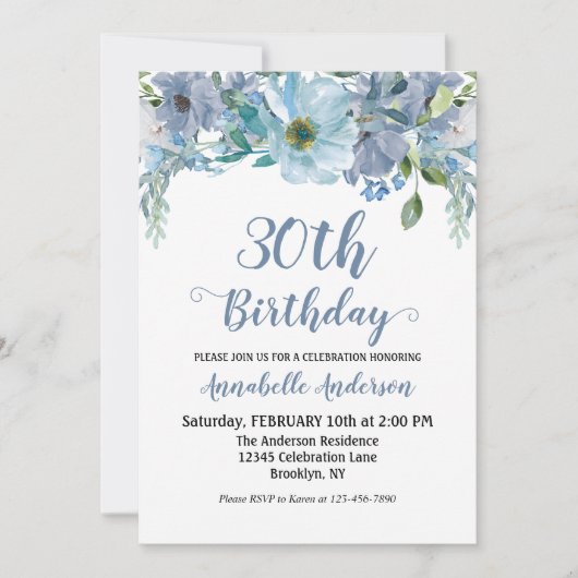 Manuscript Blue Gray Floral Waterverf Birthday Kaart (Voorkant)