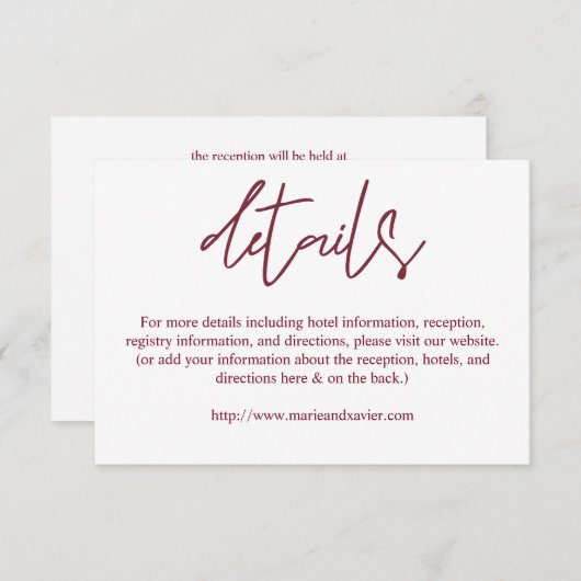 Manuscript Bourgogne & White Typography — Details Informatiekaartje (Voorkant / Achterkant)