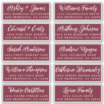 Manuscript Burgundy Wedding Guest Adresetiketten Sticker<br><div class="desc">Eenvoudig te personaliseren, namen en adressen / individuele trouwadreslabel stickers voor gastuitnodigingen. Deze chique, moderne en stijlvolle bruiloft adresetiketten zijn voorzien van uw bruiloft gastnamen in witte elegante handgeschreven script kalligrafie op een bordeaux achtergrond. Voeg eenvoudig uw individuele huwelijksgastnamen en adres toe. Exclusief voor u ontworpen door Happy Dolphin Studio....</div>