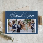 Manuscript Drie Foto Collage Blue Wedding Bedankkaart<br><div class="desc">Verzend bedankt naar familie en vrienden voor het maken van deel van uw gebeurtenis met deze klantgerichte fotocollage dank u kaart. Het kenmerkt elegant manuscript en eenvoudige typografie. Aangepast door je eigen details toe te voegen en je favoriete trouwfoto's te voorzien. Deze foto bedankt je kaart zal ook perfect zijn...</div>