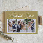 Manuscript Drie Foto Collage Gold Wedding Bedankkaart<br><div class="desc">Verzend bedankt naar familie en vrienden voor het maken van deel van uw gebeurtenis met deze klantgerichte fotocollage dank u kaart. Het kenmerkt elegant manuscript en eenvoudige typografie. Aangepast door je eigen details toe te voegen en je favoriete trouwfoto's te voorzien. Deze foto bedankt je kaart zal ook perfect zijn...</div>