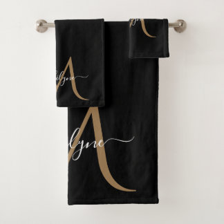 Manuscript Elegant Black en Gold Monogram Bad Handdoek