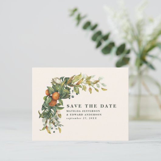 Manuscript elegant bruiloft citrus botanisch moder aankondigingskaart (Staand voorkant)