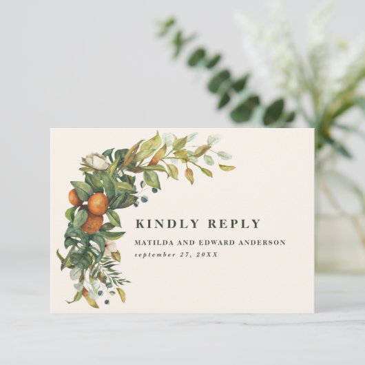 Manuscript elegant bruiloft citrus botanisch moder RSVP kaartje (Staand voorkant)