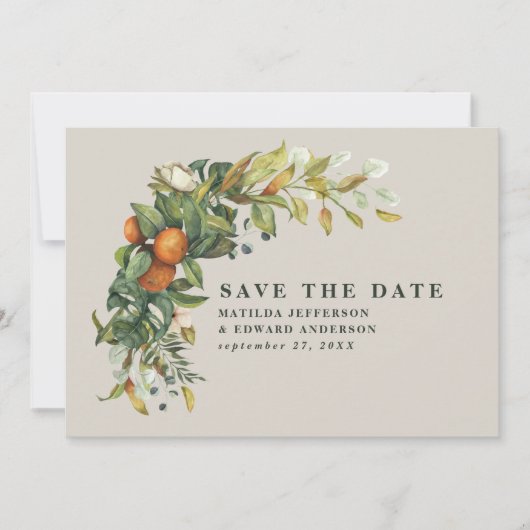 Manuscript elegant bruiloft citrus botanisch moder save the date (Voorkant)