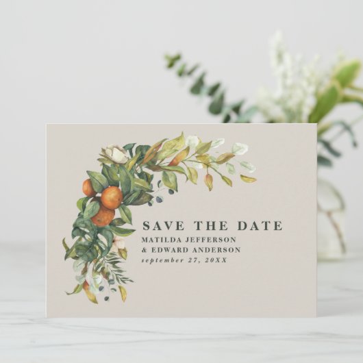 Manuscript elegant bruiloft citrus botanisch moder save the date (Staand voorkant)