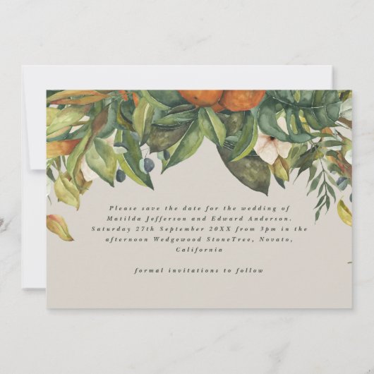 Manuscript elegant bruiloft citrus botanisch moder save the date (Achterkant)