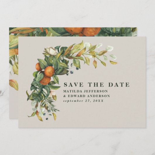 Manuscript elegant bruiloft citrus botanisch moder save the date (Voorkant / Achterkant)