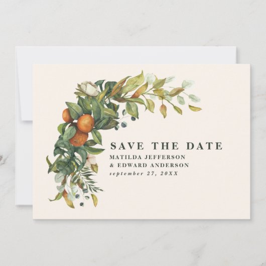 Manuscript elegant bruiloft citrus botanisch moder save the date (Voorkant)