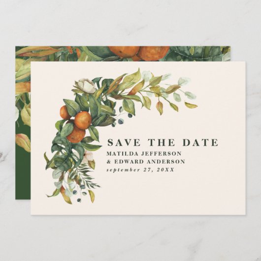 Manuscript elegant bruiloft citrus botanisch moder save the date (Voorkant / Achterkant)