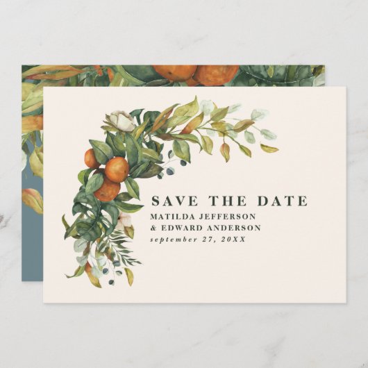 Manuscript elegant bruiloft citrus botanisch moder save the date (Voorkant / Achterkant)