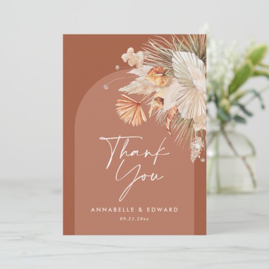Manuscript elegant bruiloft dank je teracotta mode bedankkaart (Staand voorkant)