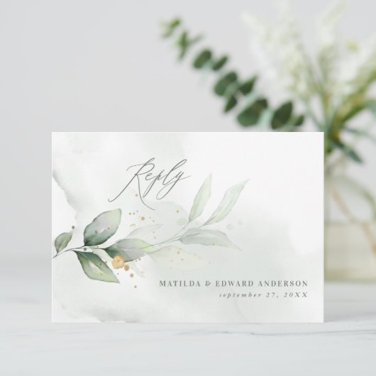 Manuscript elegant bruiloft groene botanische mode RSVP kaartje (Staand voorkant)