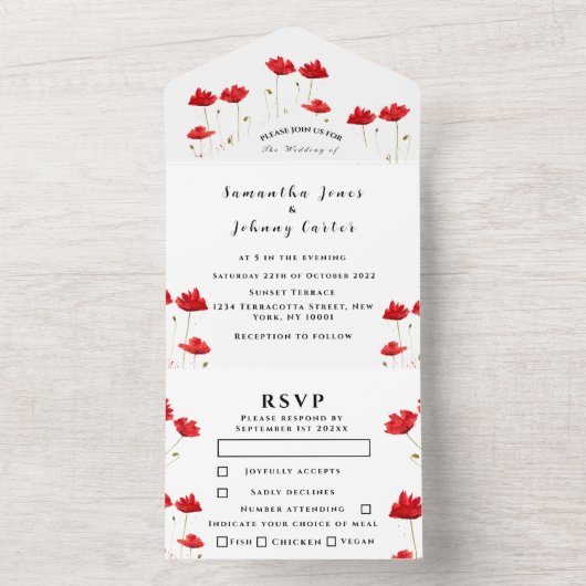 Manuscript Elegant Wedding Red Poppies Waterverf All In One Uitnodiging (Binnen)