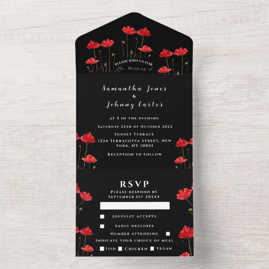 Manuscript Elegant Wedding Red Poppies Waterverf All In One Uitnodiging (Binnen)