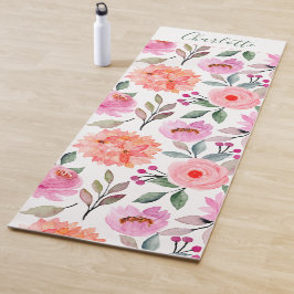 Manuscript Floral Print Peach Blush Pink Yoga Mat