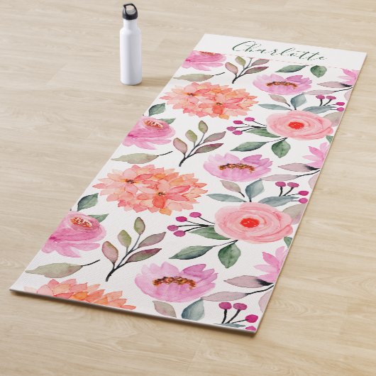 Manuscript Floral Print Peach Blush Pink Yoga Mat (In situ)