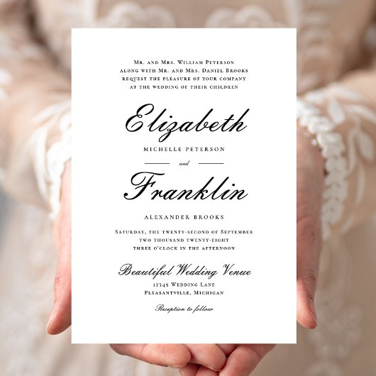 Manuscript Formal Black en White Wedding Kaart