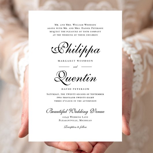 Manuscript Formal Black en White Wedding Kaart