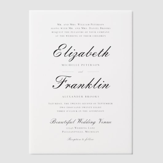Manuscript Formal Black en White Wedding Vellum Uitnodigingen (Voorkant)
