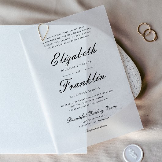 Manuscript Formal Black en White Wedding Vellum Uitnodigingen