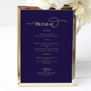 Manuscript Gold Navy Blue Wedding Menu Sign Poster