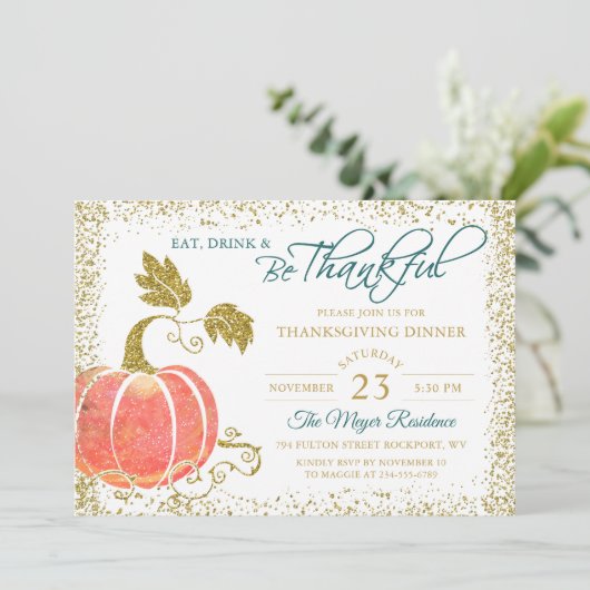 Manuscript Gold Pumpkin Thanksgiving Innodiging Bedankkaart (Staand voorkant)