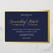 Manuscript gouden grens marineblauwe foto bruiloft folie uitnodiging (Voorkant)