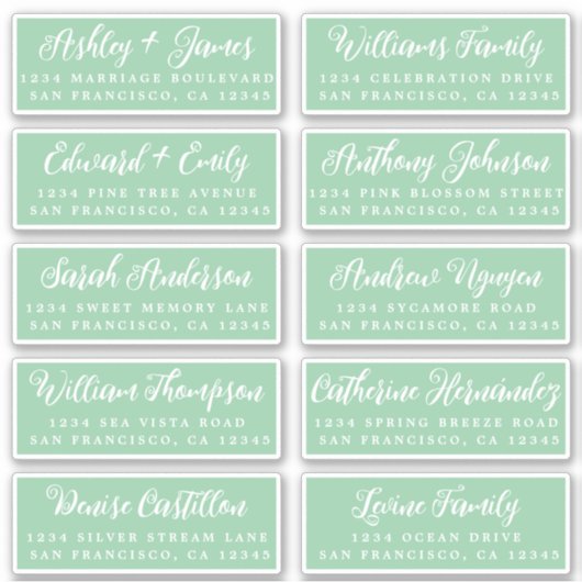 Manuscript Green Wedding Guest Adresetiketten Sticker (Voorkant)