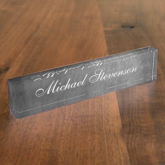 Manuscript Grey Chalkboard Pattern Business Name p Naambordje (Zijkant)