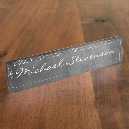 Manuscript Grey Chalkboard Pattern Business Name p Naambordje (Zijkant)