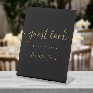 Manuscript Guest Book Elegant Black and Gold Signa Reclamebord Met Voetstuk