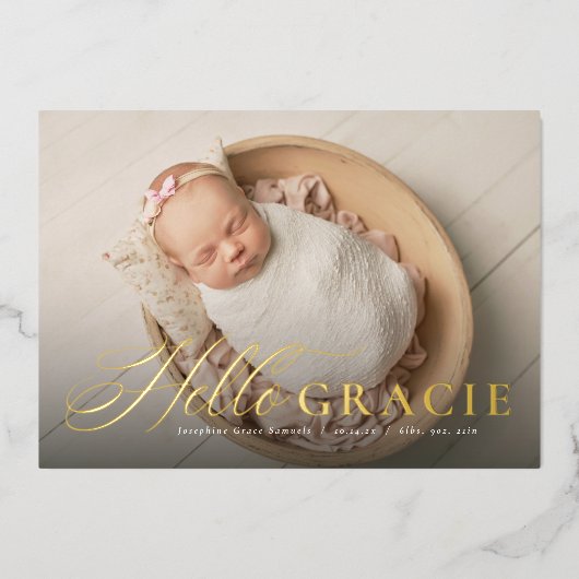 Manuscript hallo bijnaam roze één fotogeboortenber folie uitnodiging (Voorkant)