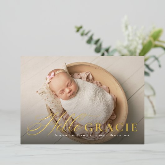 Manuscript hallo bijnaam roze één fotogeboortenber folie uitnodiging (Staand Voorkant)