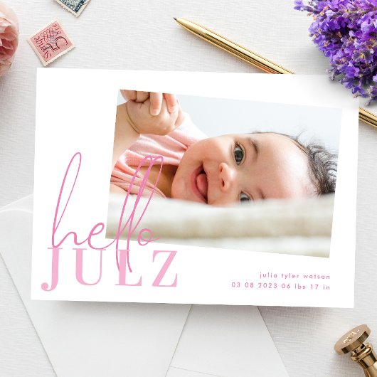 Manuscript Hallo Naam Roze Minimale Foto Baby gebo