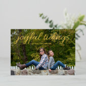 Manuscript Handgeschreven Joyful Tidings Foto Folie Feestdagenkaart (Staand Voorkant)