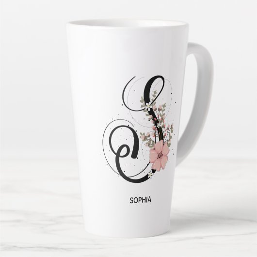 Manuscript Letter S Alphabet Floral Monogram Flowe Latte Mok (Rechterhoek)