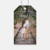 Manuscript Love and Bedankt 2 Foto Weddenschap Bed Cadeaulabel (Voorkant)