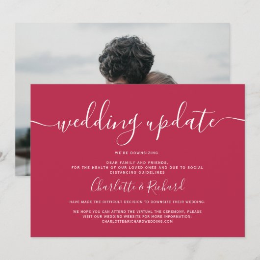 Manuscript magenta en witte bruiloft die foto down aankondiging (Voorkant / Achterkant)